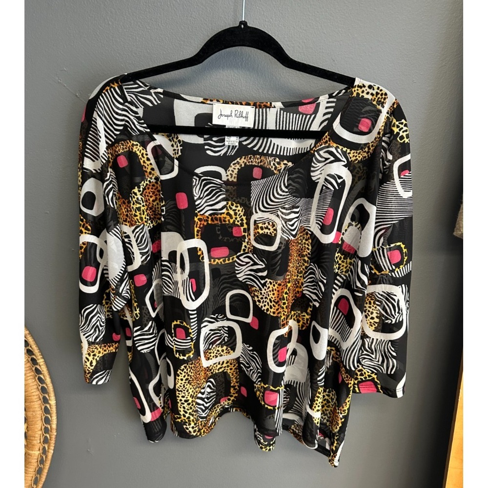 Joseph‎ Ribkoff Womens Size 16 Top Mesh Geometric Animal Print Maximalist Art